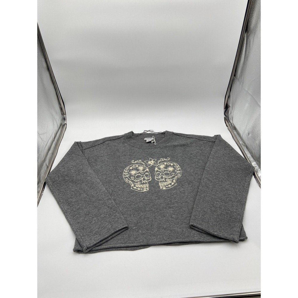 Haute Hippie Style Sweater Gray Sugar Skull Embroidered Crew Neck Boho L Gothic